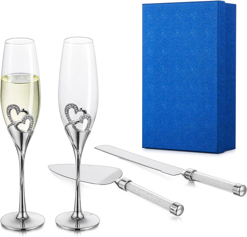 Silver Creative Heart Set with Diamonds Champagne Flutes - Wedding Glasses for Bride & Groom